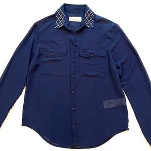 Abercrombie & Fitch Navy Blue Sheer Rhinestone Pearl Collar Button Up Blouse XS